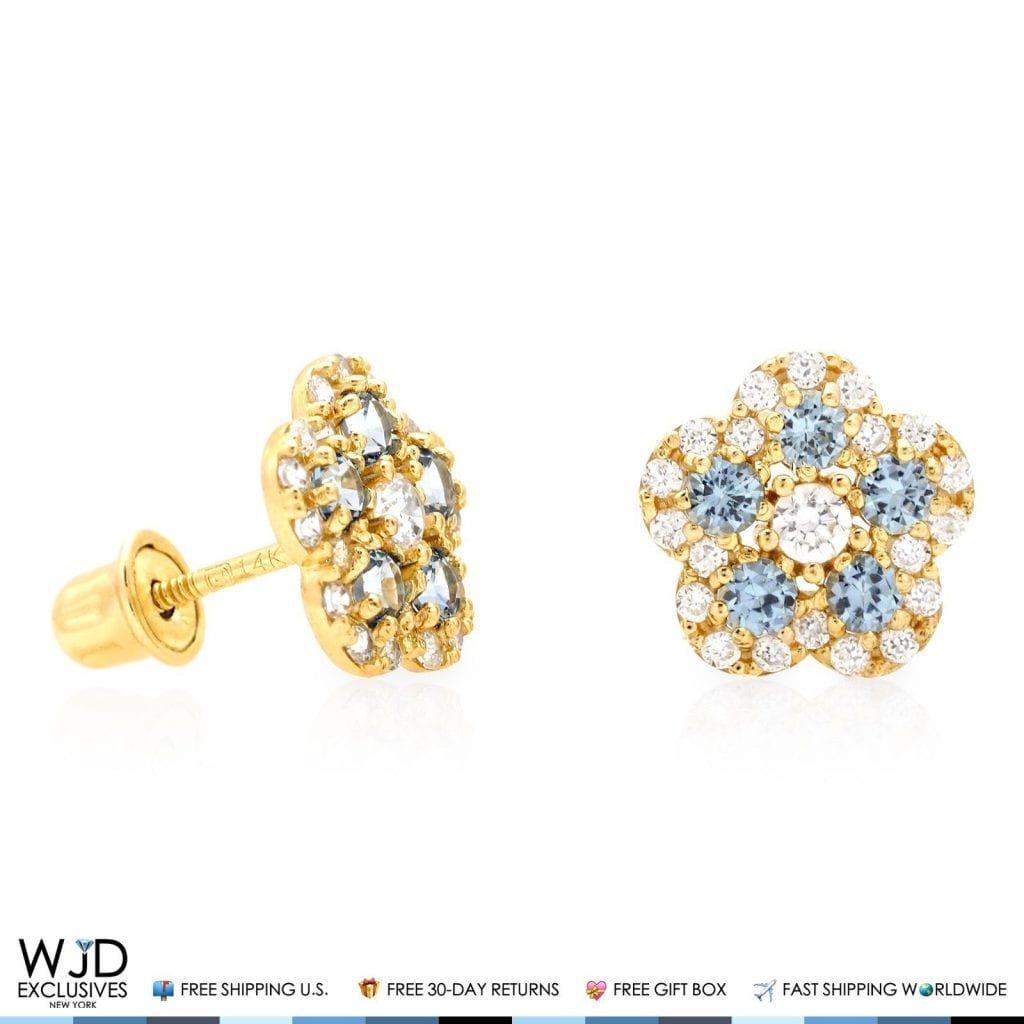 14K Gold 0.50Ct CZ & Birthstones Flower Cluster Stud Earrings 8mm