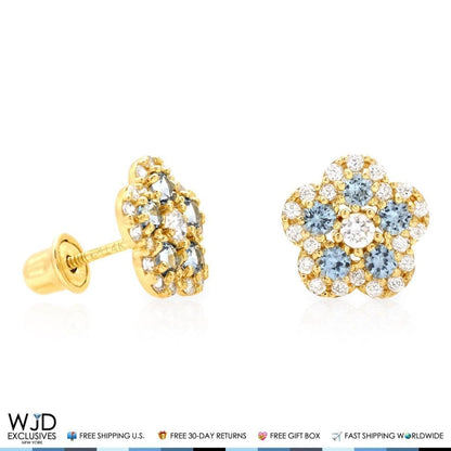 14K Gold 0.50Ct CZ & Birthstones Flower Cluster Stud Earrings 8mm
