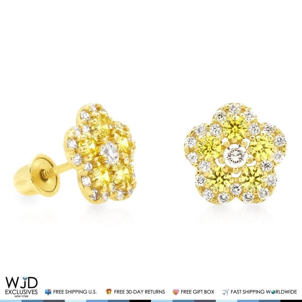 14K Gold 0.50Ct CZ & Birthstones Flower Cluster Stud Earrings 8mm