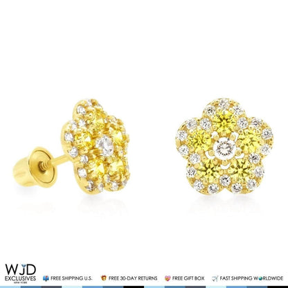 14K Gold 0.50Ct CZ & Birthstones Flower Cluster Stud Earrings 8mm