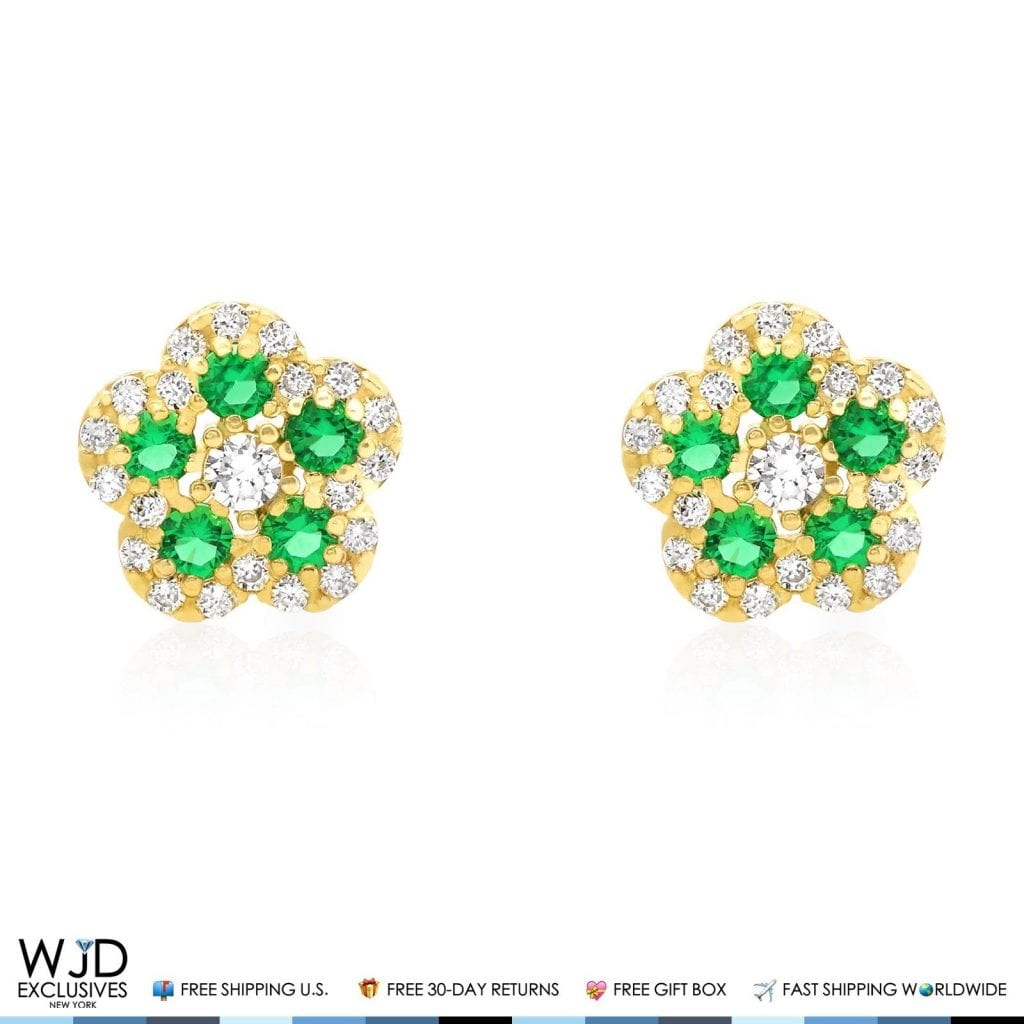 14K Gold 0.50Ct CZ & Birthstones Flower Cluster Stud Earrings 8mm