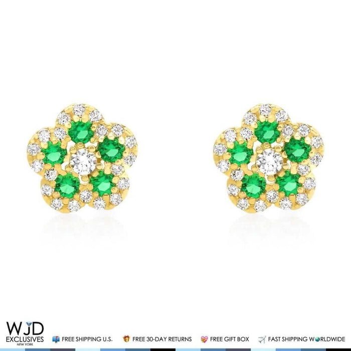 14K Gold 0.50Ct CZ & Birthstones Flower Cluster Stud Earrings 8mm