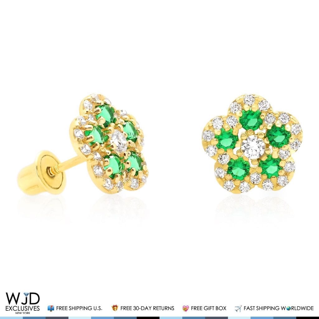 14K Gold 0.50Ct CZ & Birthstones Flower Cluster Stud Earrings 8mm