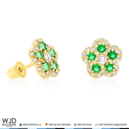 14K Gold 0.50Ct CZ & Birthstones Flower Cluster Stud Earrings 8mm