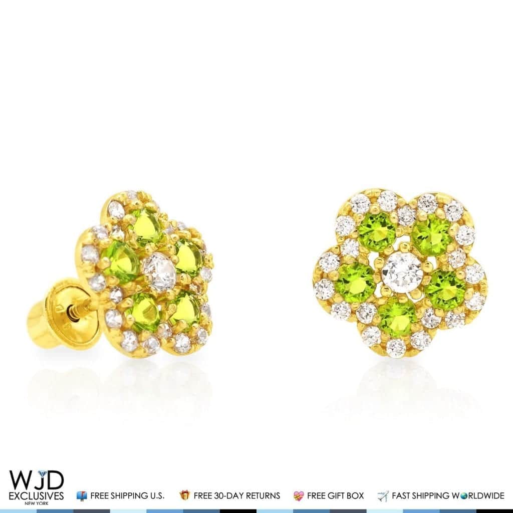 14K Gold 0.50Ct CZ & Birthstones Flower Cluster Stud Earrings 8mm