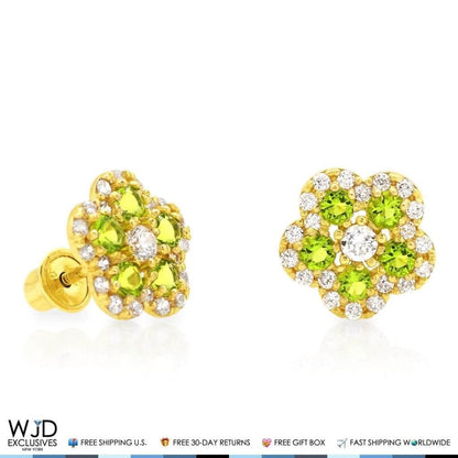 14K Gold 0.50Ct CZ & Birthstones Flower Cluster Stud Earrings 8mm