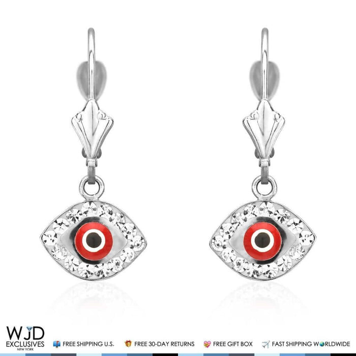 14K White Gold CZ Red Evil Eye Dangle Leverback Earrings 1"