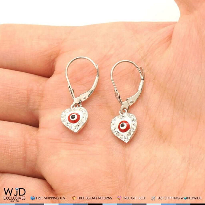 0.60CT CZ 14K White Gold Red Evil Eye Heart Dangle Earrings