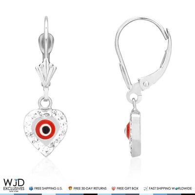 0.60CT CZ 14K White Gold Red Evil Eye Heart Dangle Earrings