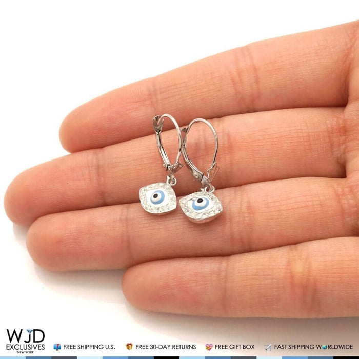 CZ Sky Blue Evil Eye Dangle Leverback Earrings 14K White Gold