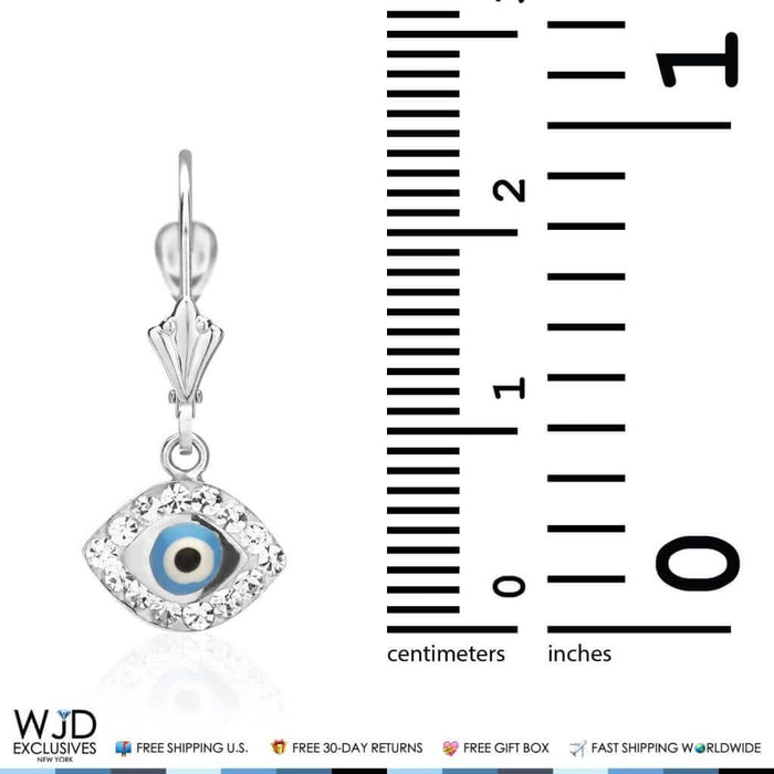 CZ Sky Blue Evil Eye Dangle Leverback Earrings 14K White Gold