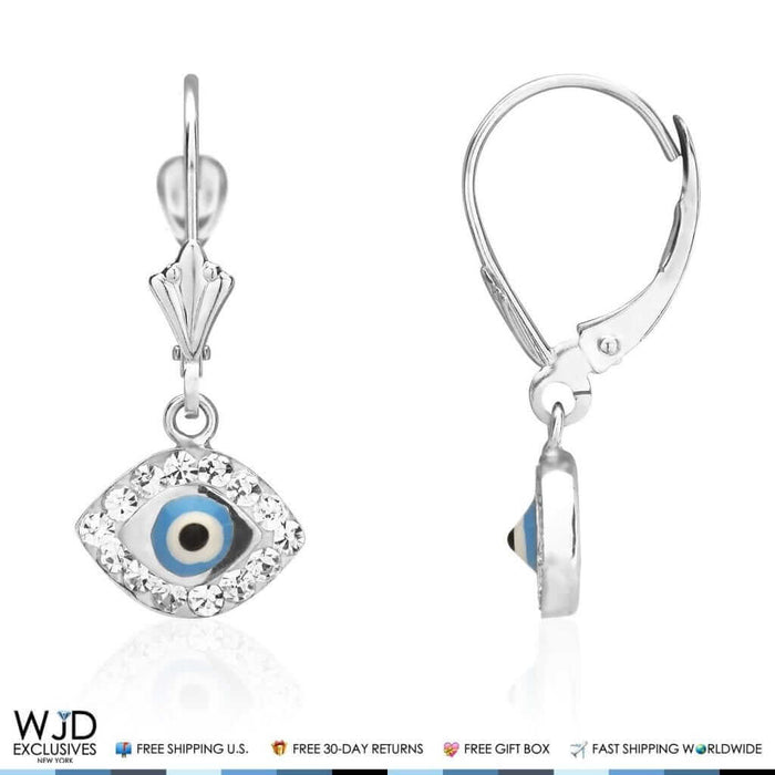 CZ Sky Blue Evil Eye Dangle Leverback Earrings 14K White Gold