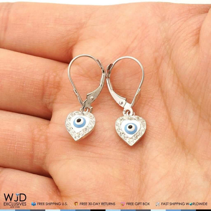 0.5CTW CZ 14K White Gold Blue Evil Eye Heart Dangle Earrings