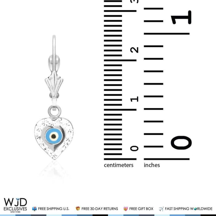 0.5CTW CZ 14K White Gold Blue Evil Eye Heart Dangle Earrings