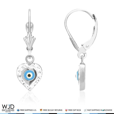 0.5CTW CZ 14K White Gold Blue Evil Eye Heart Dangle Earrings