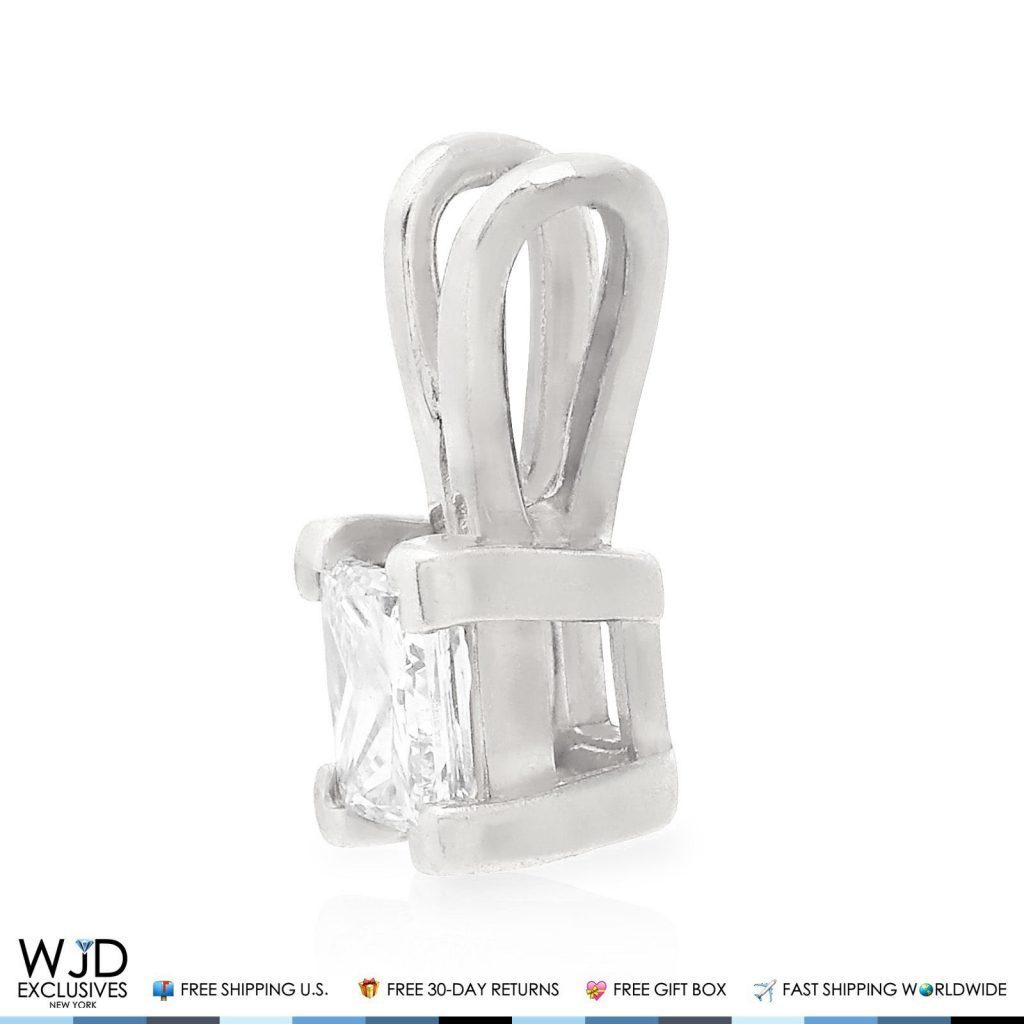 0.70CT Real Diamond Princess-Cut Solitaire 14K White Gold Charm Pendant 0.43"