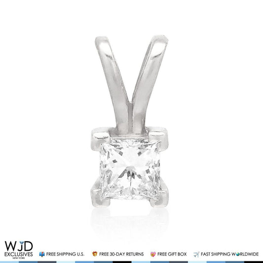 0.70CT Real Diamond Princess-Cut Solitaire 14K White Gold Charm Pendant 0.43"