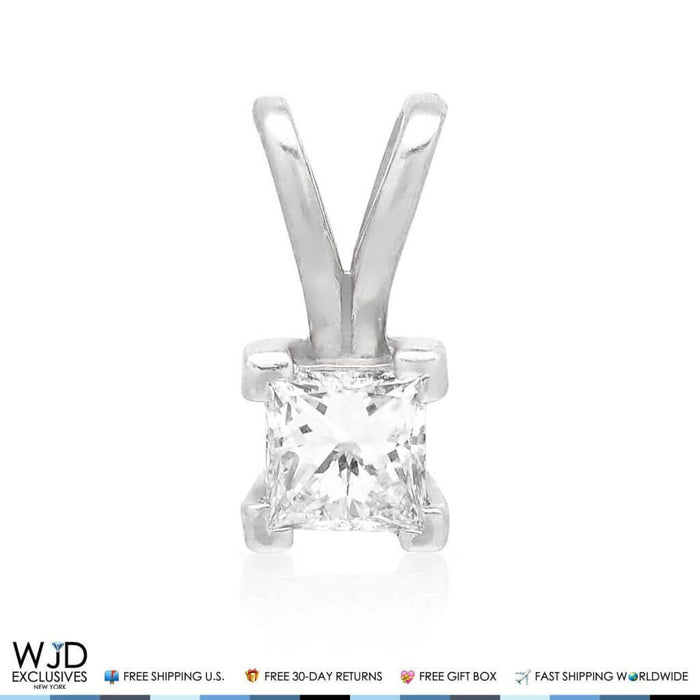 0.70CT Natural Diamond Princess-Cut Solitaire 14K White Gold Pendant 0.43"