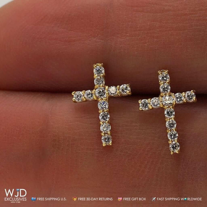 14K Yellow Gold 0.50Ct CZ Cross Stud Bush Back Earrings