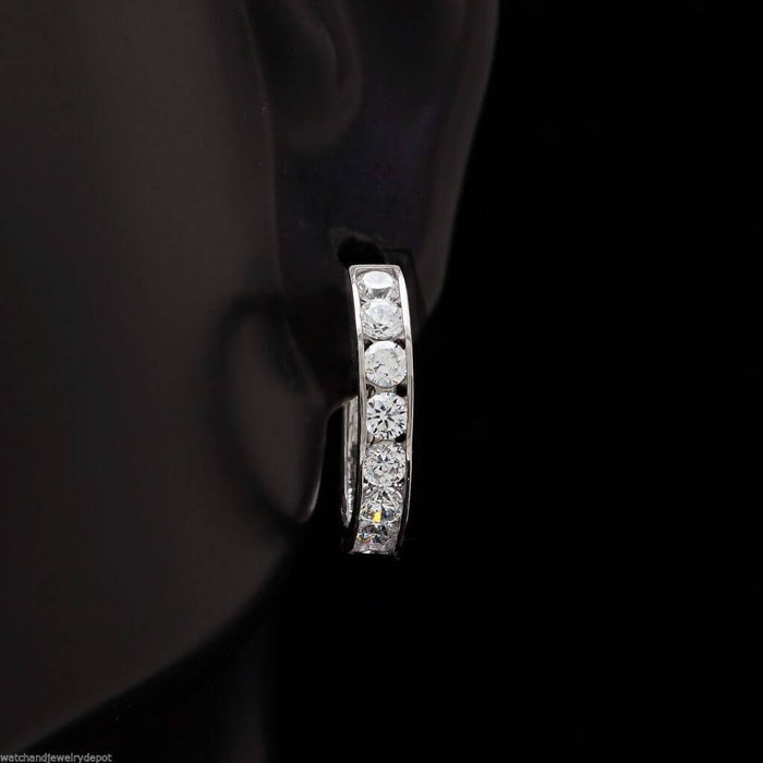 0.5CTW CZ 14K White Gold Huggie Hoop Earrings 0.5"