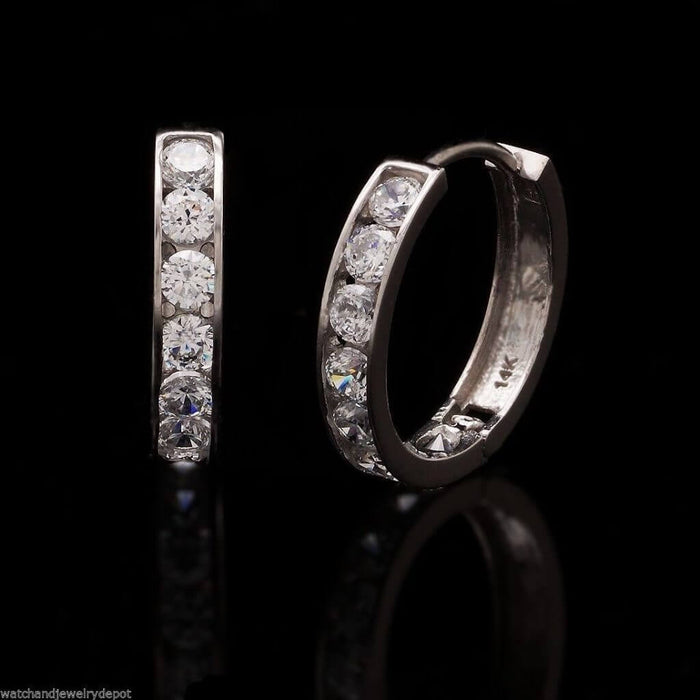 0.5CTW CZ 14K White Gold Huggie Hoop Earrings 0.5"