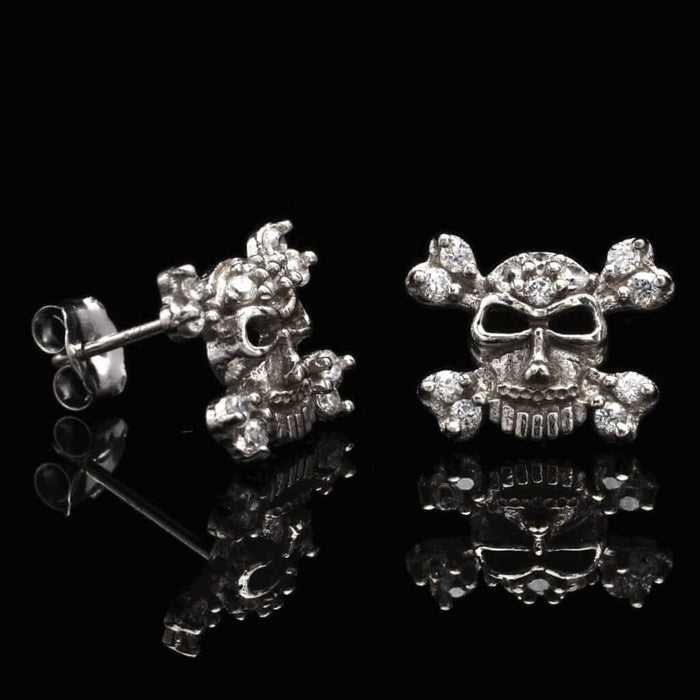 CZ 14K White Gold Skull & Crossbones Stud Push Back Earrings