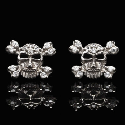 CZ 14K White Gold Skull & Crossbones Stud Push Back Earrings