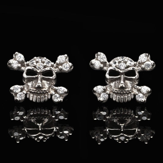 CZ 14K White Gold Skull & Crossbones Stud Push Back Earrings