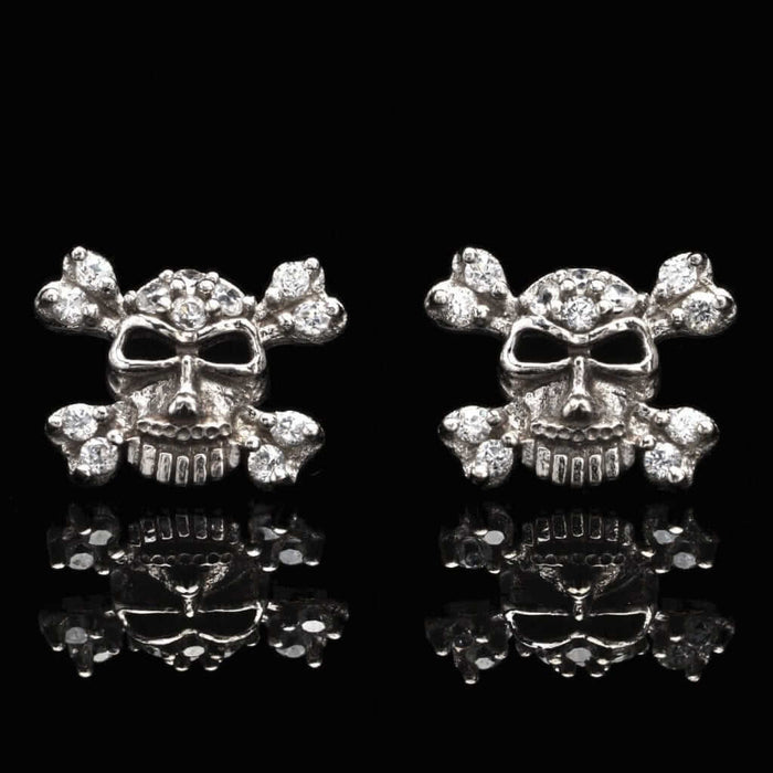 CZ 14K White Gold Skull & Crossbones Stud Push Back Earrings