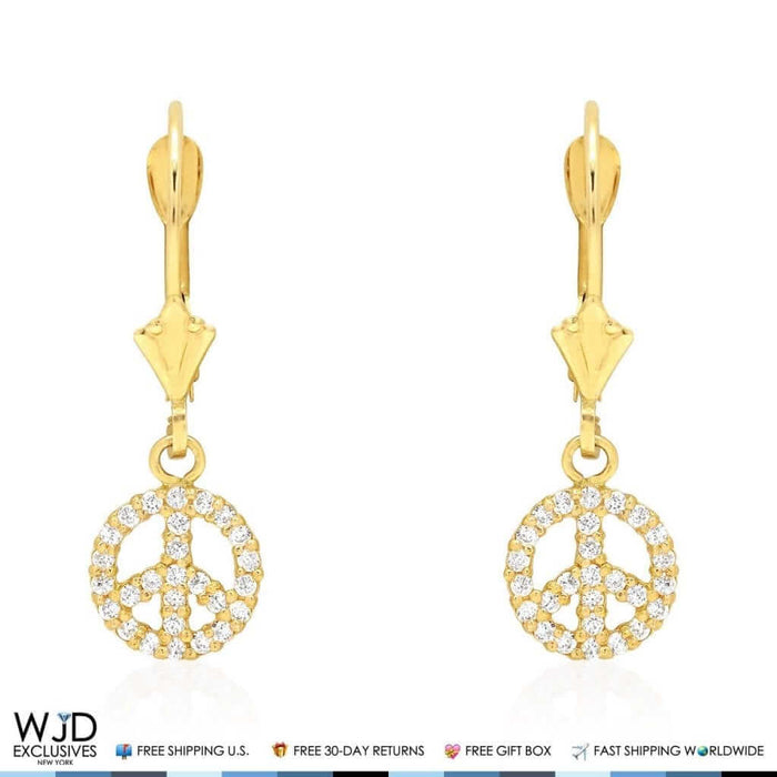 0.60Ct CZ 14K Yellow White Gold Peace Leverback Earrings 24mm