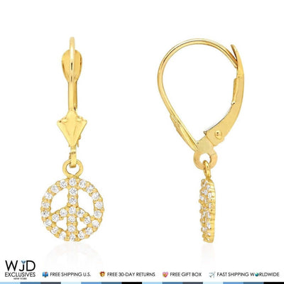 0.60Ct CZ 14K Yellow White Gold Peace Leverback Earrings 24mm