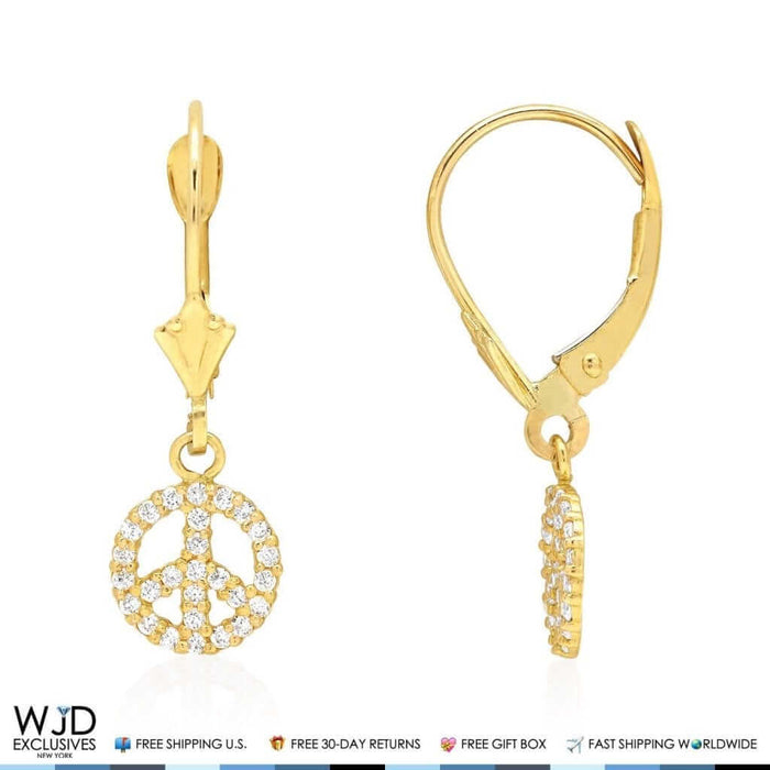 0.60Ct CZ 14K Yellow White Gold Peace Leverback Earrings 24mm