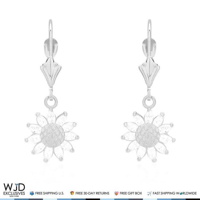 0.60Ct CZ Sunflower Dangle Drop Leverback Earrings 14K White Gold