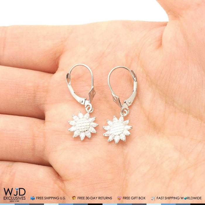0.60Ct CZ Sunflower Dangle Drop Leverback Earrings 14K White Gold