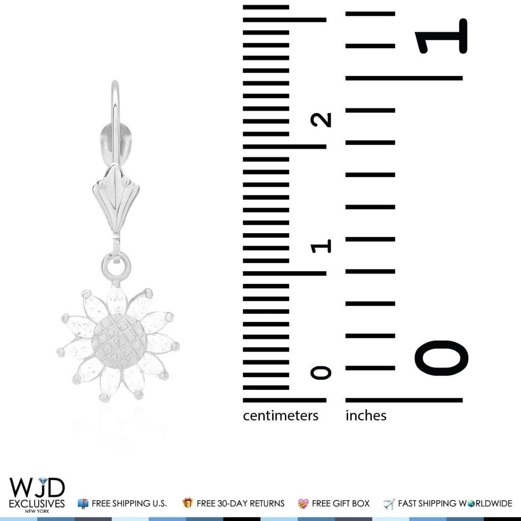 0.60Ct CZ Sunflower Dangle Drop Leverback Earrings 14K White Gold