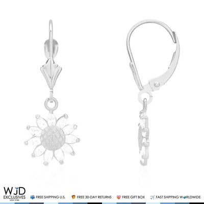 0.60Ct CZ Sunflower Dangle Drop Leverback Earrings 14K White Gold