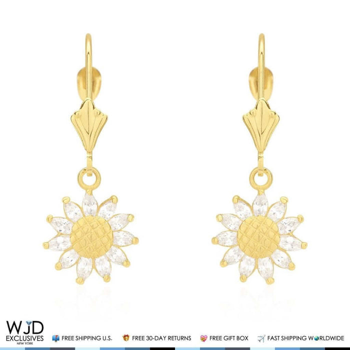 0.60CTW CZ 14K Yellow Gold Sunflower Dangle Leverback Earrings