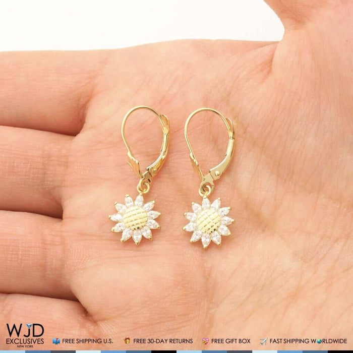 0.60CTW CZ 14K Yellow Gold Sunflower Dangle Leverback Earrings