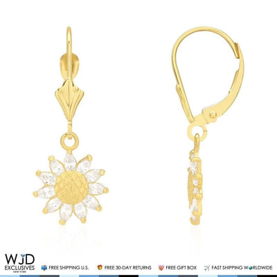 0.60CTW CZ 14K Yellow Gold Sunflower Dangle Leverback Earrings
