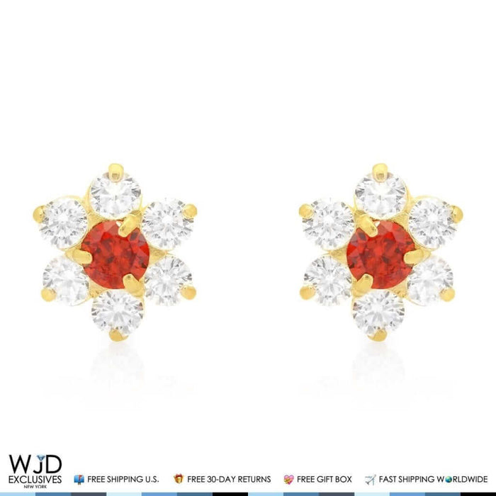 14k Yellow Gold 0.70Ct CZ & Birthstones Flower Stud Earrings 8mm
