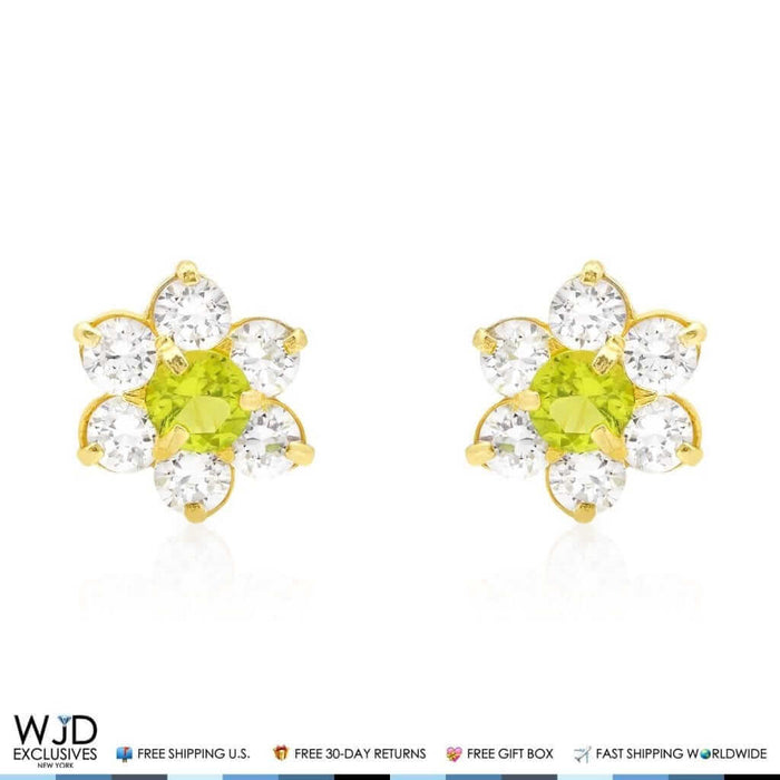 14k Yellow Gold 0.70Ct CZ & Birthstones Flower Stud Earrings 8mm