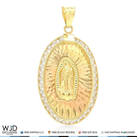 0.70Ct Created Diamond Virgin Mary Medal Religious Charm Pendant 14k Yellow Gold