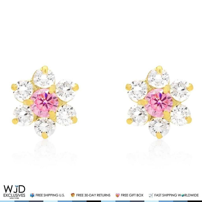 14k Yellow Gold 0.70Ct CZ & Birthstones Flower Stud Earrings 8mm