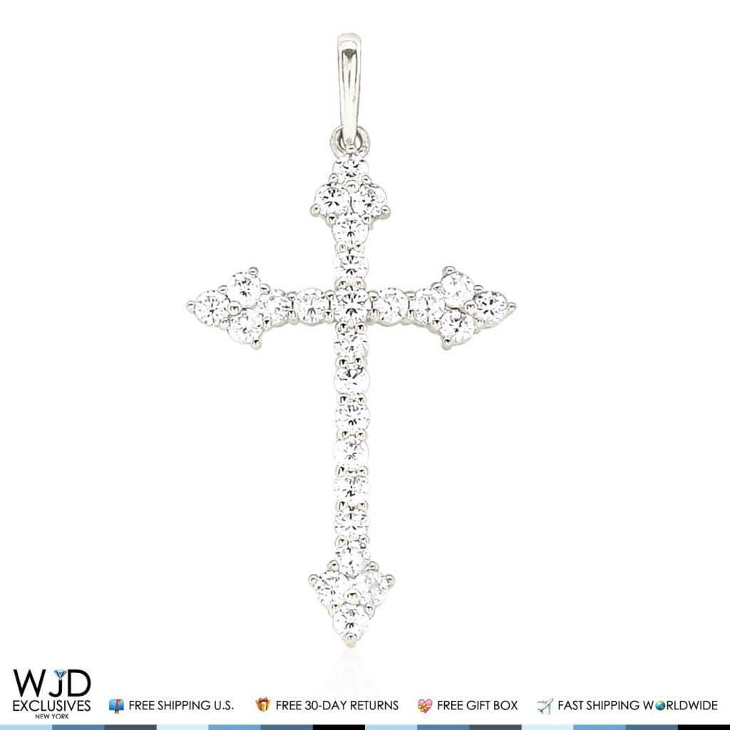 14K Gold Yellow White 0.70Ct CZ Cross Religious Pendant 1.2"