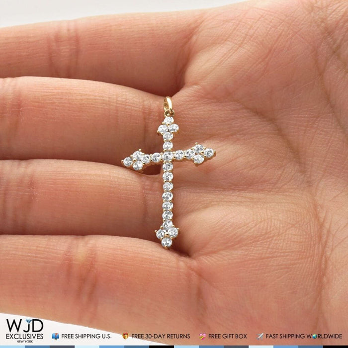 14K Gold Yellow White 0.70Ct CZ Cross Religious Pendant 1.2"
