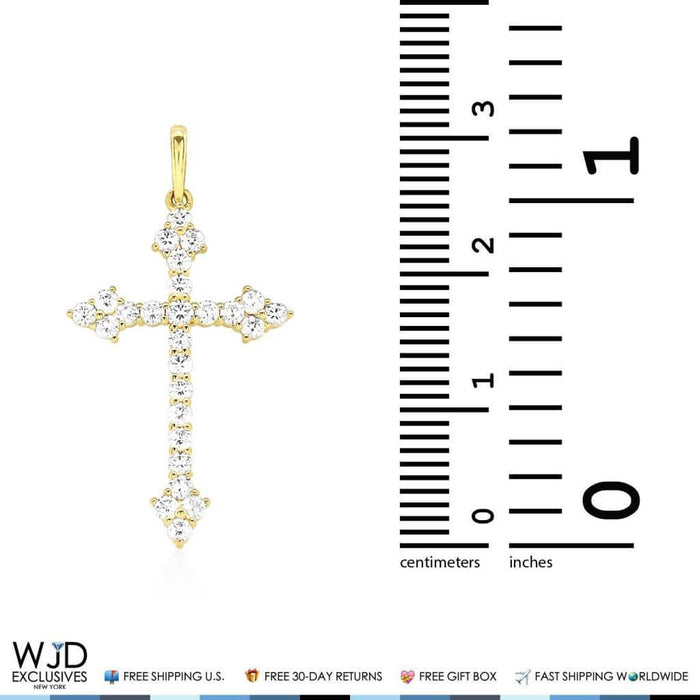 14K Gold Yellow White 0.70Ct CZ Cross Religious Pendant 1.2"