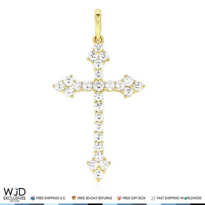 14K Gold Yellow White 0.70Ct CZ Cross Religious Pendant 1.2"
