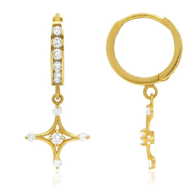 14K Yellow Gold Channel Set White Zirconia Dangle Cross Huggie Hoop Earrings