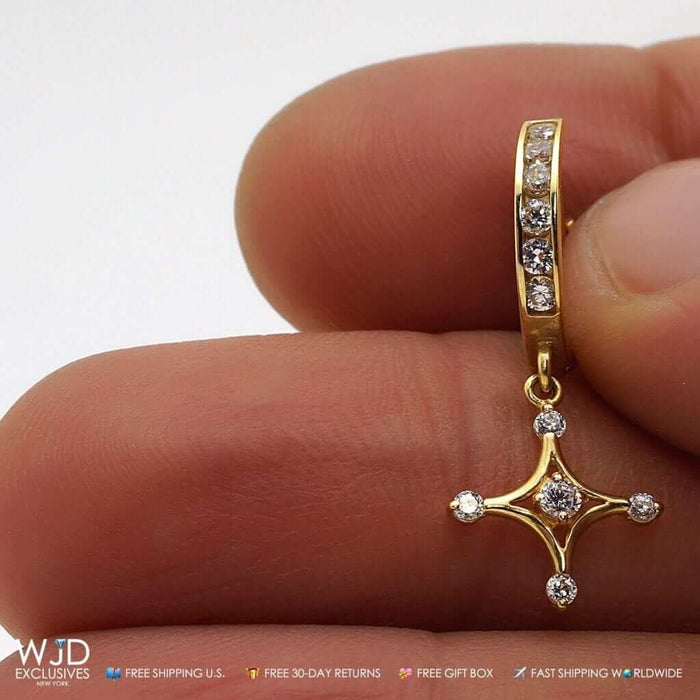 14K Yellow Gold Channel Set White Zirconia Dangle Cross Huggie Hoop Earrings