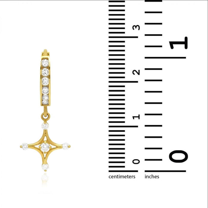 14K Yellow Gold Channel Set White Zirconia Dangle Cross Huggie Hoop Earrings